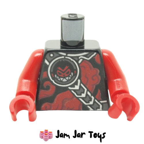 LEGO Black Torso Armour, Silver Collar, Shoulder Strap, Evil Monkey Head, Red Swirling Clouds.