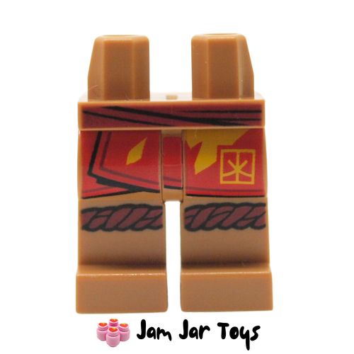LEGO Medium Nougat Legs with Red Robe, Yellow Flames, Dark Red, Knee Wraps.