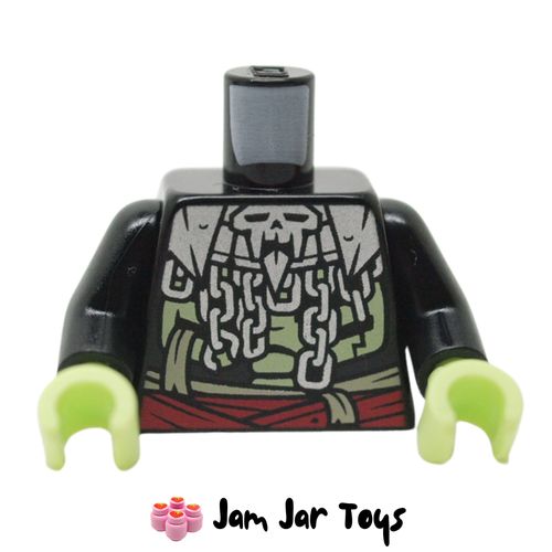 LEGO Bone Knight Black Torso, Silver Chains, Skull, Red Belt, Yellowish Green Ribcage