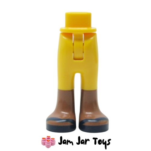 LEGO Yellow Trousers with Back Pockets with Medium Brown Feet, Dark Blue Sandals.