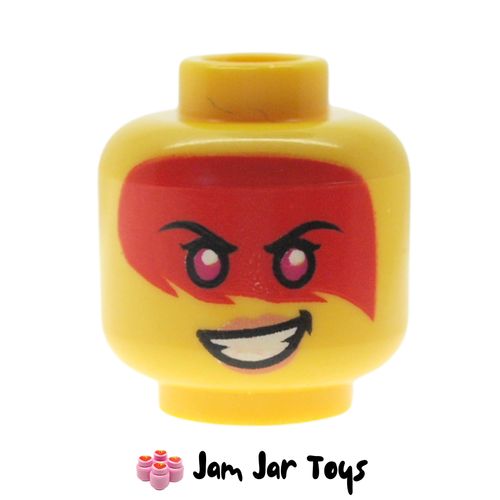 LEGO Harumi Head, Magenta Eyes, Red Paint Across Eyes, Peach Lips, Smile