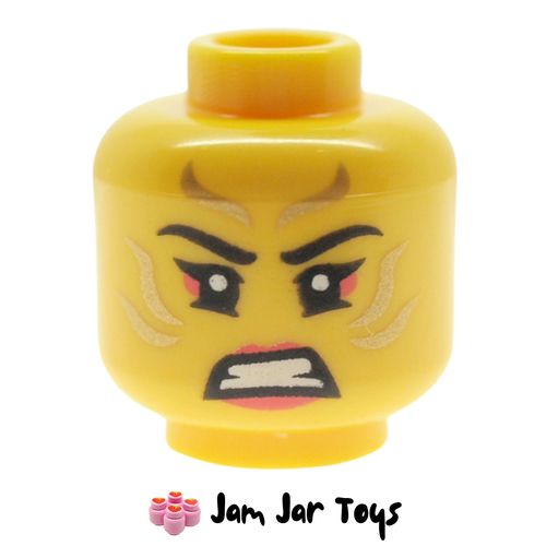 LEGO Sora Head, Coral Eyeshadow and Lips, Gold Markings, Golden Eyes / Angry Grin.