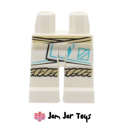 LEGO White Legs / Robe, Medium Azure Trim, Tan Belt, Knee Wraps.