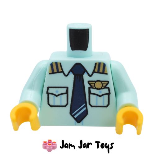 LEGO Light Aqua Pilot Uniform, Dark Blue Tie, Gold Wings.