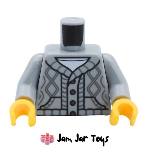 LEGO Light Bluish Grey Knitted Cardigan Over White Shirt.
