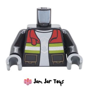 LEGO® Black Fire Jacket, Reflective Stripes, Red Collar, Fire Logo. TO214