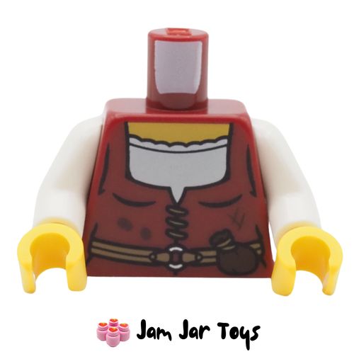 LEGO Dark Red Vest, White Top, Dark Brown Pouch, Tan Belt.