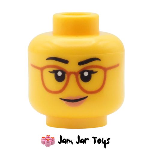 LEGO Yellow Head, Dark Orange Glasses, Peach Lips, Smiling