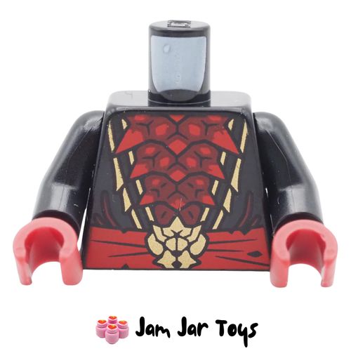 LEGO Drix, Black Ninja Robes Torso, Chest Spikes, Red Sash, Gold Buckle.