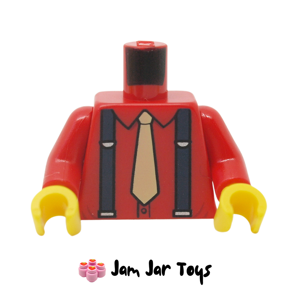 LEGO Red Torso Shirt Dark Blue Suspenders Tan Tie Print.