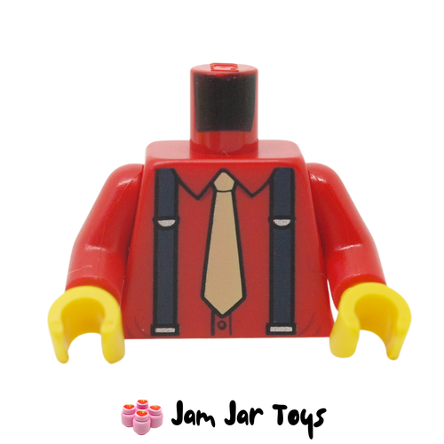 LEGO Red Torso Shirt Dark Blue Suspenders Tan Tie Print.