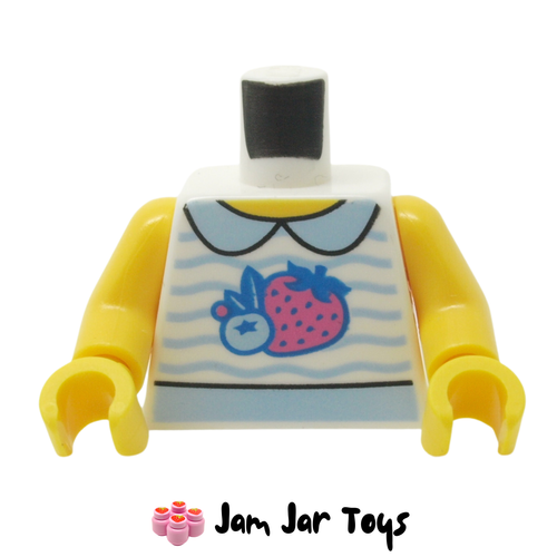 LEGO White Torso, Bright Light Blue Wavy Striped Shirt, Collar, Strawberry/Fruit
