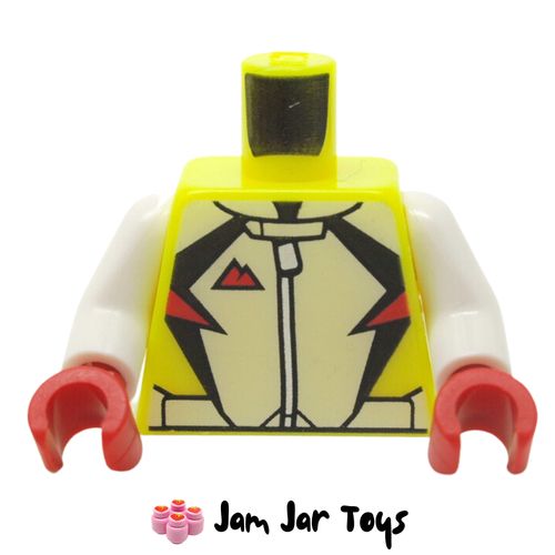 LEGO Vibrant Yellow Torso, White Racing Suit, Black Decorations, Red Mountains.
