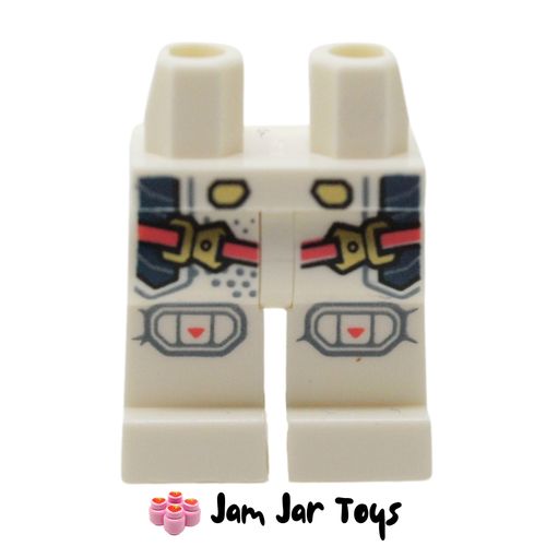 LEGO White Legs with Dark Blue Pockets, Coral/Gold Straps, Knee Caps.