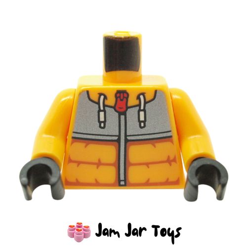 LEGO Bright Light Orange Torso, Dark Brown Jacket, White Laces, Red Zipper.