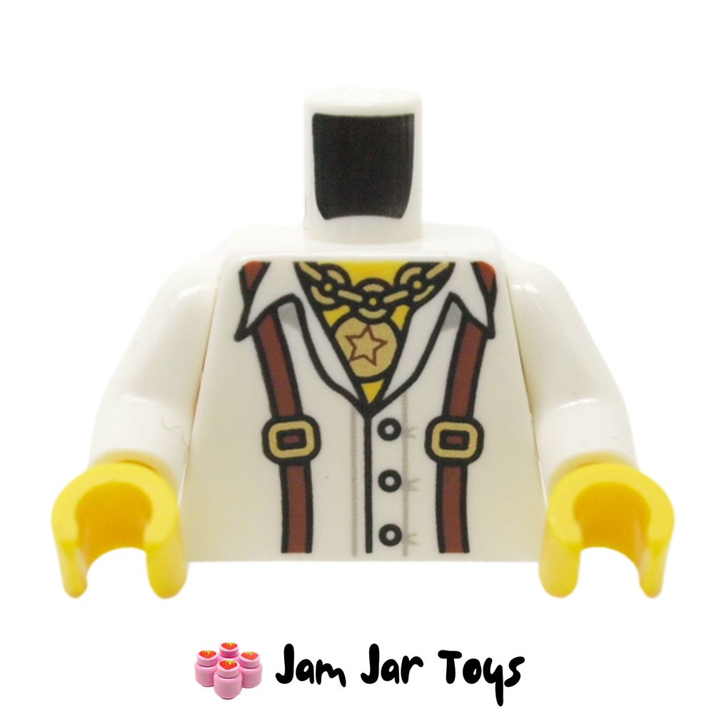 LEGO White Shirt, Reddish Brown Braces / Suspenders, Necklace with Large Star Pendant