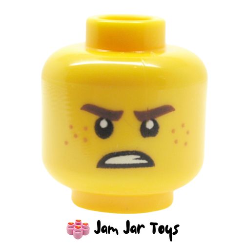 LEGO Jay Head, Dark Orange Eyebrows, Freckles, Angry Grin.