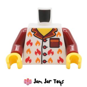LEGO® White Pyjama Torso, Dark Red Pocket / Collar, Orange / Red Flames. TO212