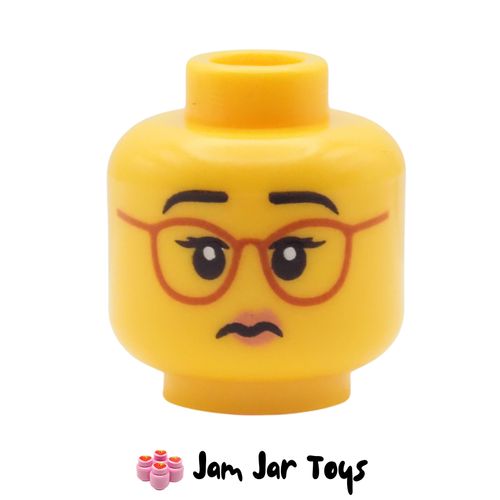 LEGO Yellow Head, Dark Orange Glasses, Peach Lips, Concerned.