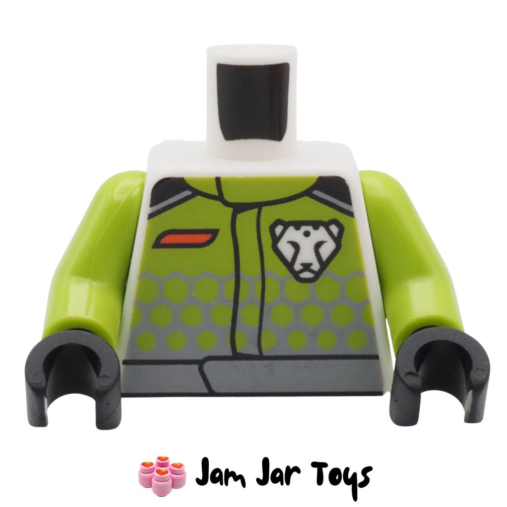 LEGO Race Suit Torso Lime Light Bluish Grey Front White Wolf Logo.