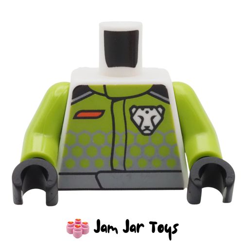 LEGO Race Suit Torso Lime Light Bluish Grey Front White Wolf Logo.