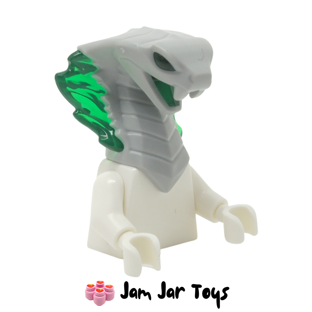 LEGO Cobra Snake Head; Light Bluish Grey with Open Mouth and Trans-Green Eye