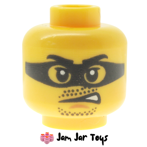 LEGO Black Eyemask, Stubbled Beard, Moustache, Angry/Mean Lopsided Grin