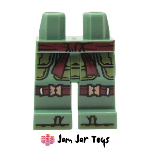 LEGO Sand Green Legs, Dark Red Sash Belt, Knee Wraps.