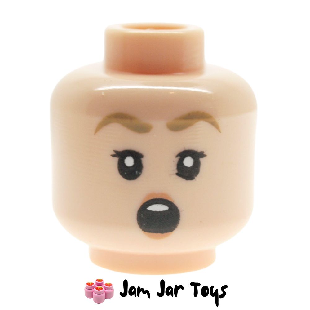 LEGO Fleur Delacour / Phoebe Light Nougat Head, Dark Tan Eyebrows, Peach Lips, Open Mouth Shocked.