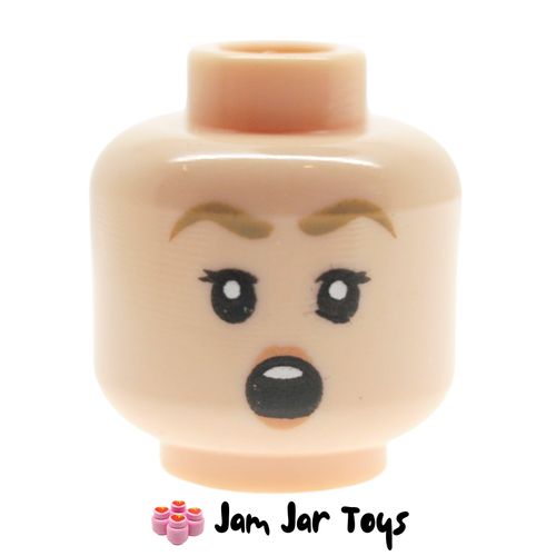 LEGO Fleur Delacour / Phoebe Light Nougat Head, Dark Tan Eyebrows, Peach Lips, Open Mouth Shocked.