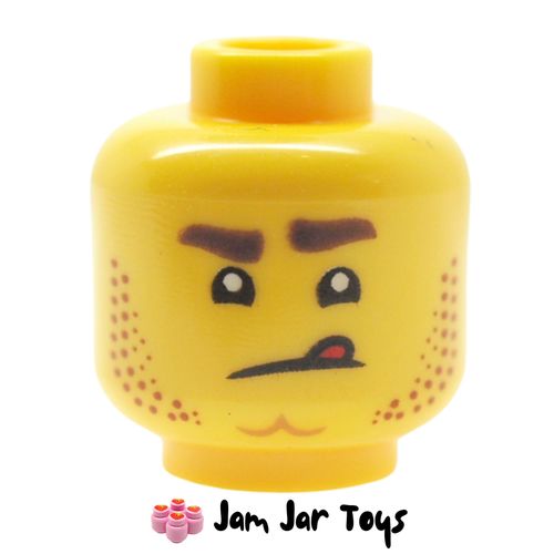 LEGO Harl Hubbs Head, Dark Brown Stubble Beard, Tongue Sticking Out