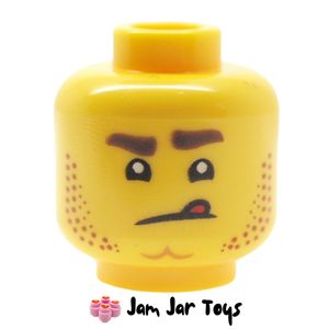 LEGO Harl Hubbs Head, Dark Brown Stubble Beard, Tongue Sticking Out