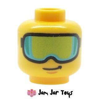 LEGO Head, Skiing Goggles, Light Blue and Lime Visor.