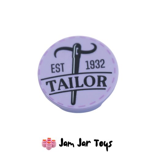 LEGO Lavender Needle, Thread, EST 1932 TAILOR Round 2 x 2 Tile.
