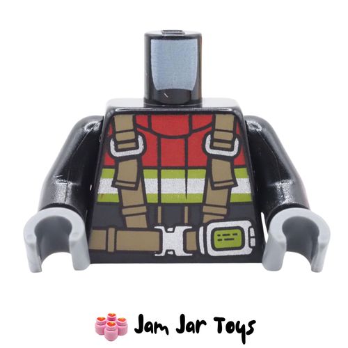 LEGO Black Torso, Red Fireman's Suit, Reflective Stripes, Dark Tan Straps