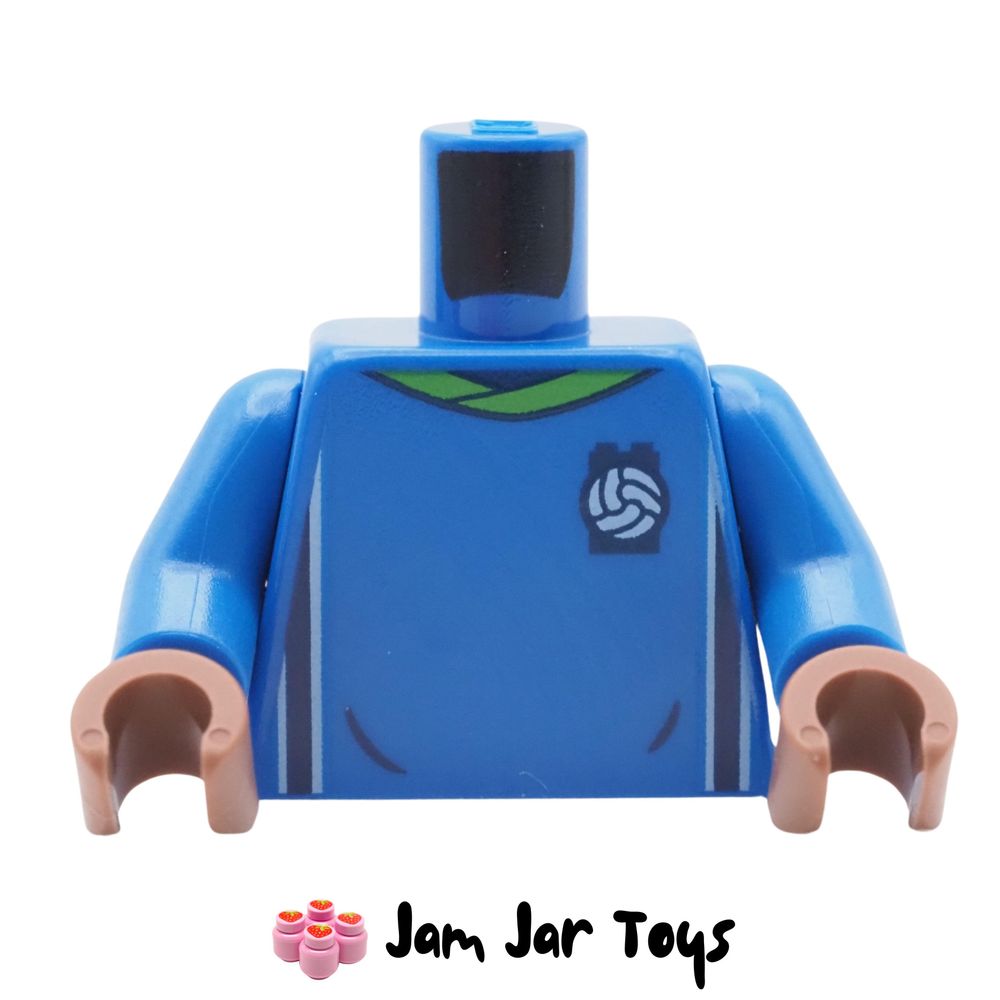 LEGO Blue Soccer Shirt Torso, Green Collar, Dice Logo, Light Nougat Hands