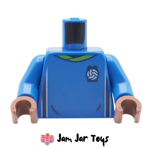 LEGO Blue Soccer Shirt Torso, Green Collar, Dice Logo, Light Nougat Hands