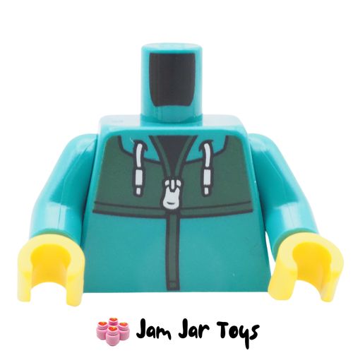 LEGO Dark Turquoise Hoody, White Zipper, Dark Green Panel, Black Shirt.