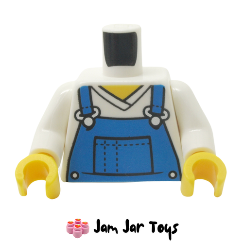LEGO White Torso V-Neck Shirt, Blue Overalls, Front Pocket.