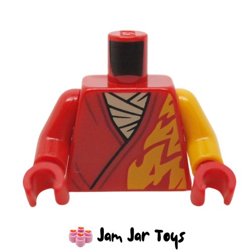 LEGO Red Robe, Odd Arms, Bright Orange Flames, Tan Shirt.