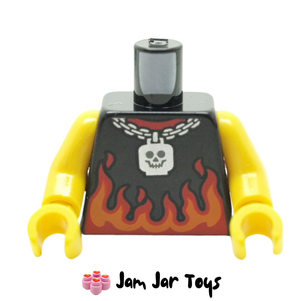 LEGO Black Shirt Torso with Red/Orange Flames, Chain Necklace, Skull Pendant