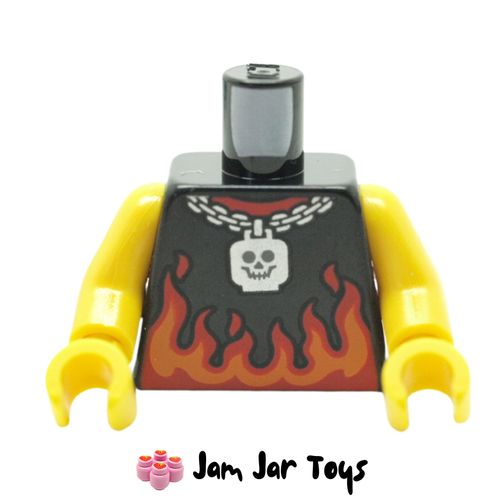 LEGO Black Shirt Torso with Red/Orange Flames, Chain Necklace, Skull Pendant