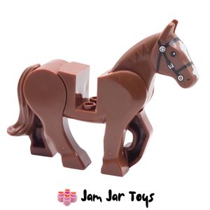 LEGO Minifigure Poseable Reddish Brown Horse, Black Bridle, White Blaze.