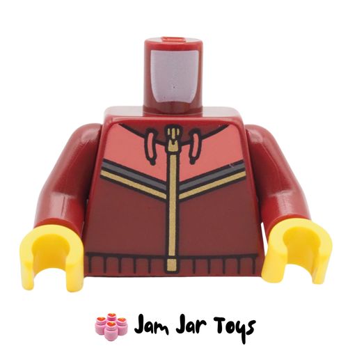 LEGO Dark Red Hoody Torso, Coral Laces, Coral / Grey / Light Orange Stripes