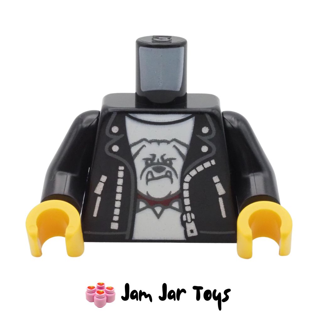 LEGO Black Leather Jacket Torso, White Shirt, Bulldog Print