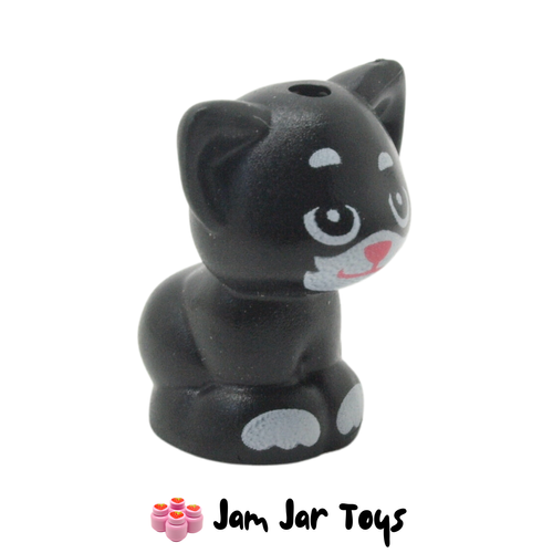 LEGO Black Animal, Cat, Kitten Sitting with White Fur, Coral Nose.