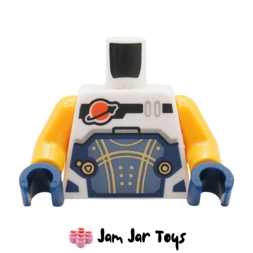 LEGO White Space Suit Torso, Dark Blue Trim, Sand Blue Panel, Gold Lines, Classic Space Logo.
