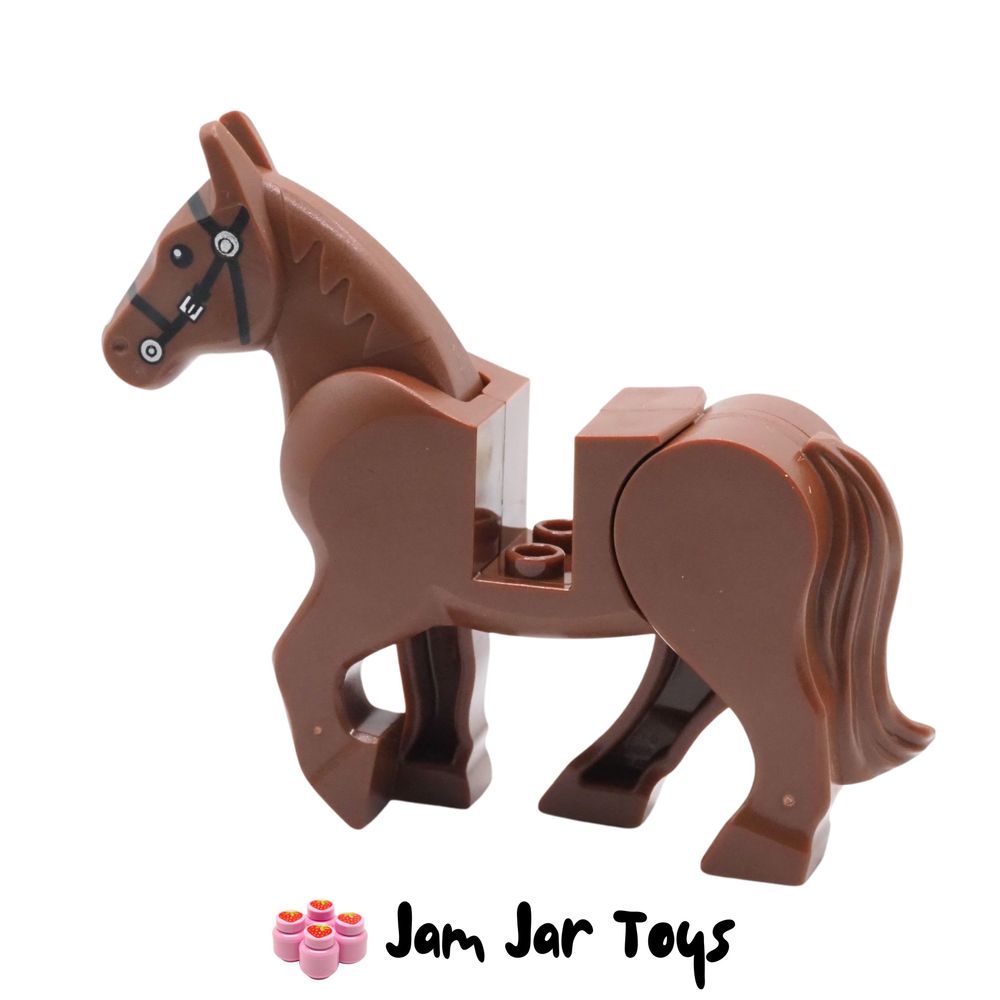 LEGO Minifigure Poseable Reddish Brown Horse, Black Bridle, White Blaze. Side View