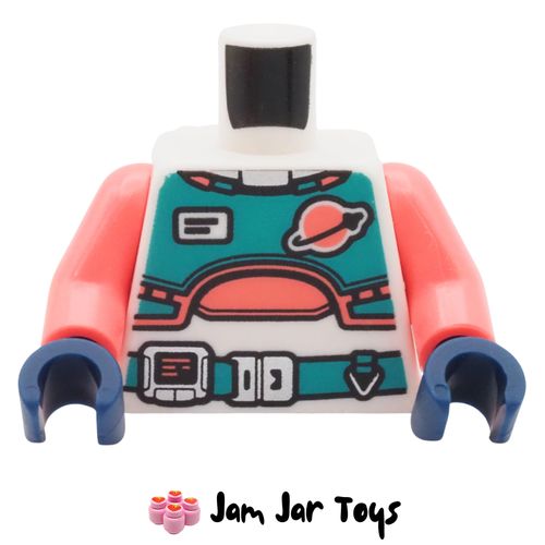 LEGO® White Space Suit Torso, Dark Turquoise Panels, Belt, Coral Trim, Classic Space Logo