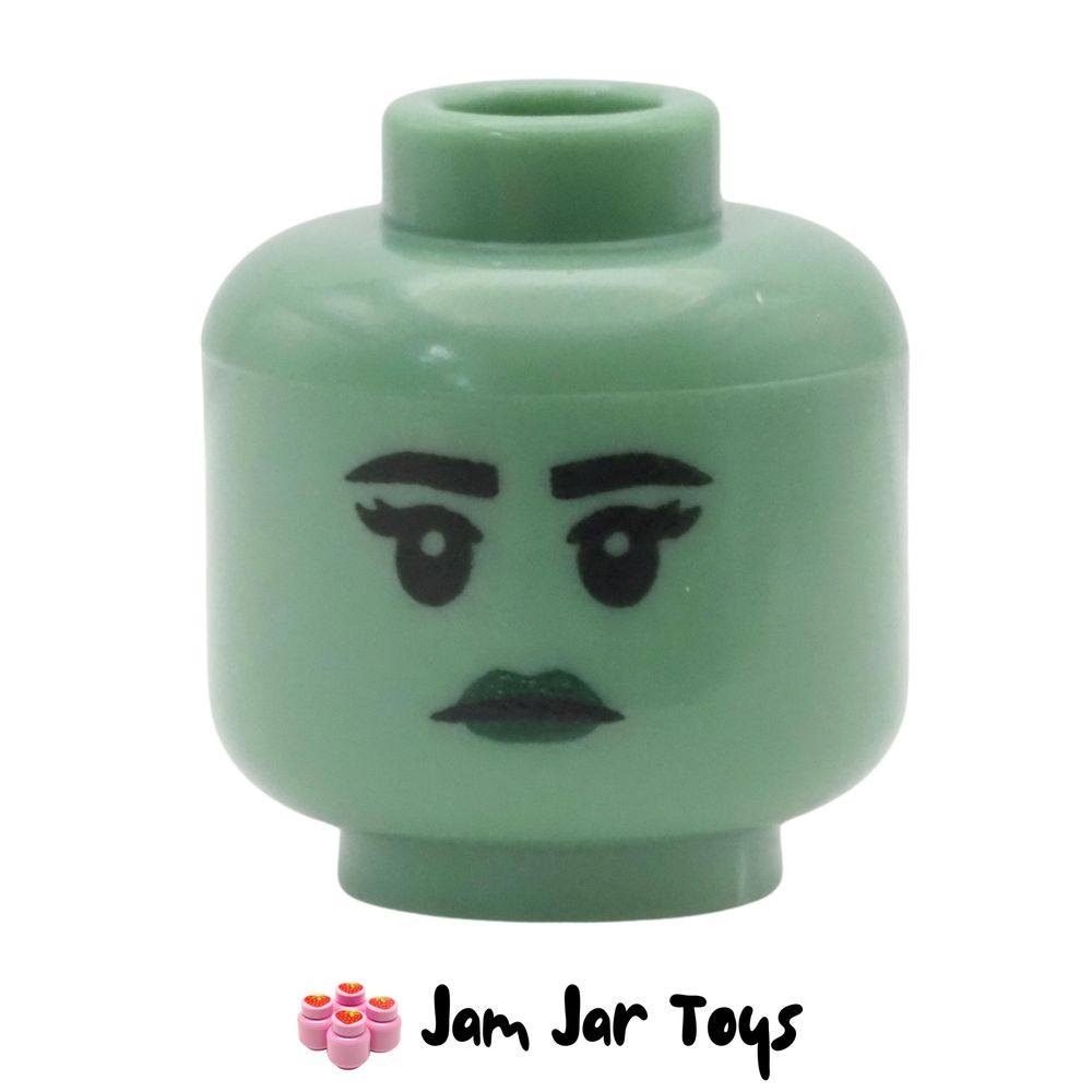 LEGO Sand Green Head, Black Eyebrows, Dark Green Lips